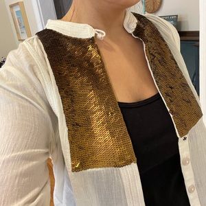 Anthropologie white blouse with gold sequins